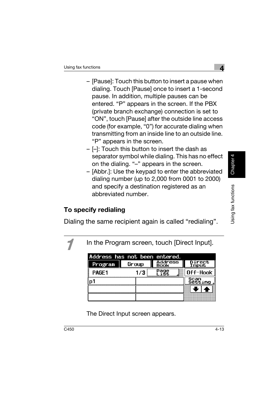 To specify redialing, To specify redialing -13 | Konica Minolta BIZHUB C450 User Manual | Page 128 / 158