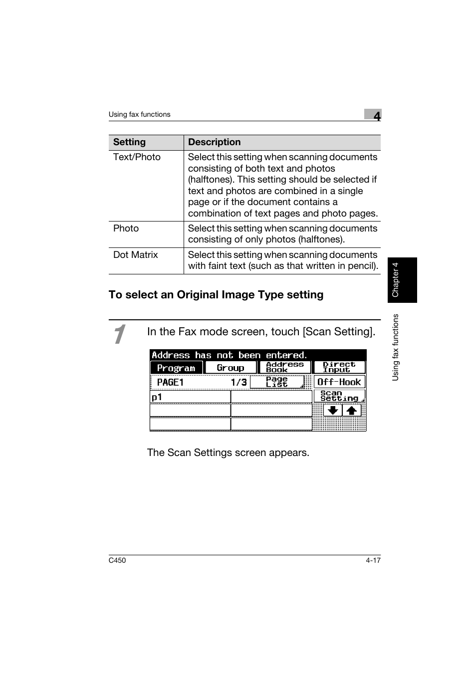 To select an original image type setting, To select an original image type setting -17 | Konica Minolta BIZHUB C450 User Manual | Page 132 / 158