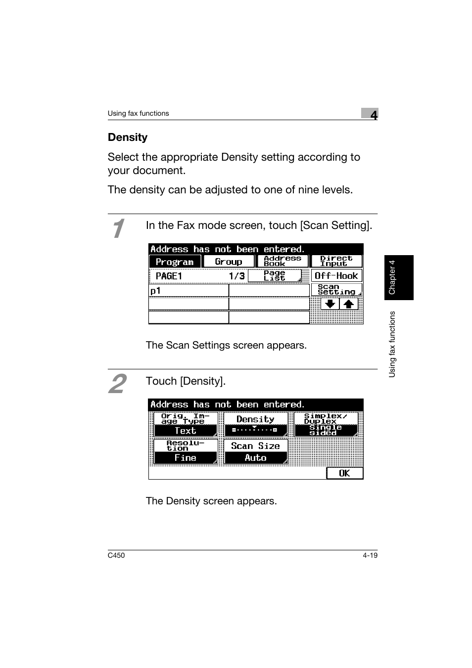 Density, Density -19 | Konica Minolta BIZHUB C450 User Manual | Page 134 / 158