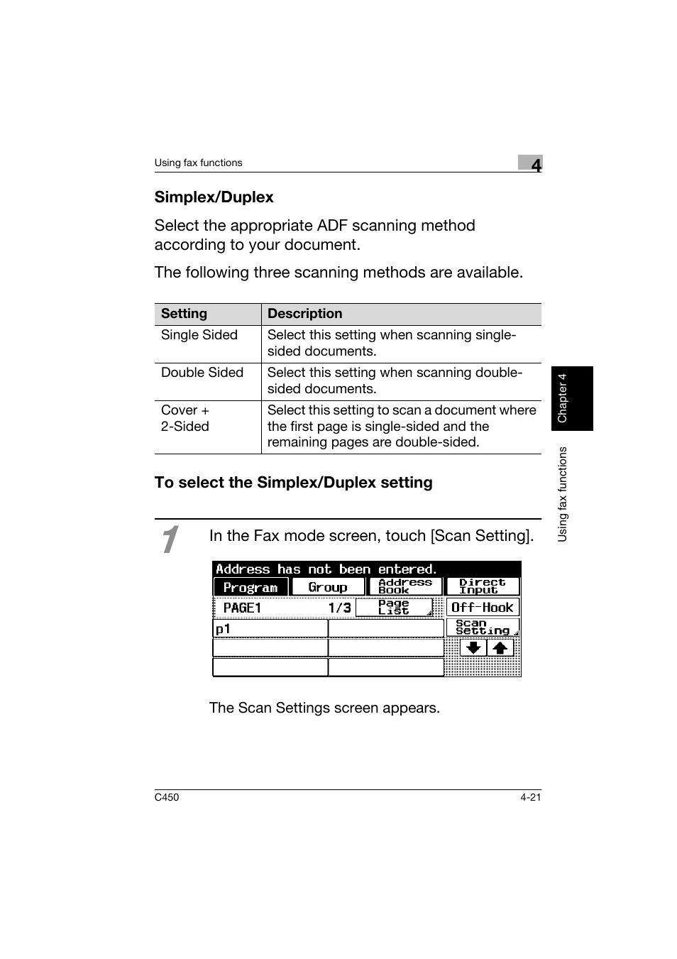 Simplex/duplex, To select the simplex/duplex setting | Konica Minolta BIZHUB C450 User Manual | Page 136 / 158
