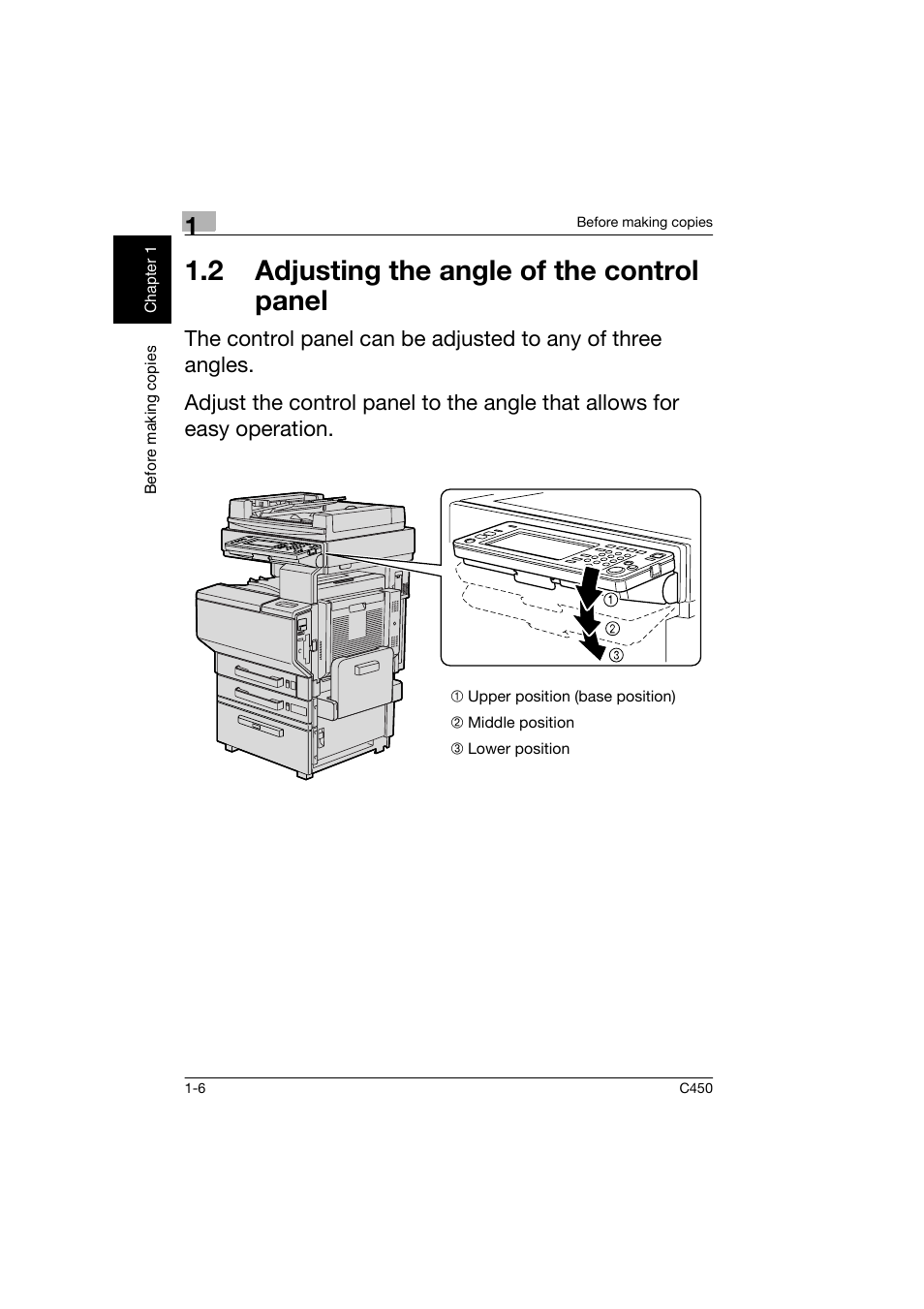 2 adjusting the angle of the control panel, 2 adjusting the angle of the control, Panel -6 | Konica Minolta BIZHUB C450 User Manual | Page 15 / 158