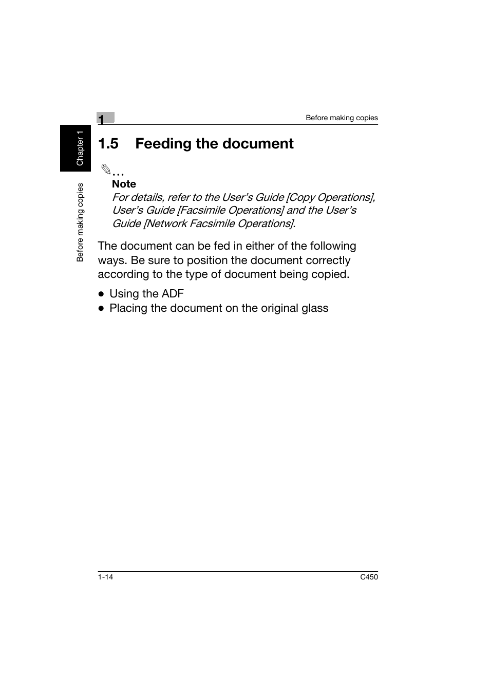 5 feeding the document, 5 feeding the document -14 | Konica Minolta BIZHUB C450 User Manual | Page 23 / 158