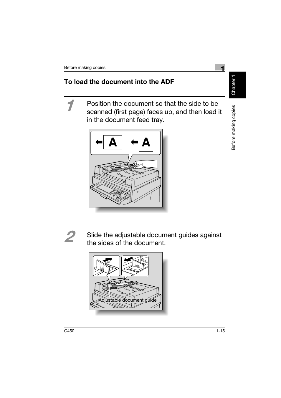 To load the document into the adf, To load the document into the adf -15 | Konica Minolta BIZHUB C450 User Manual | Page 24 / 158