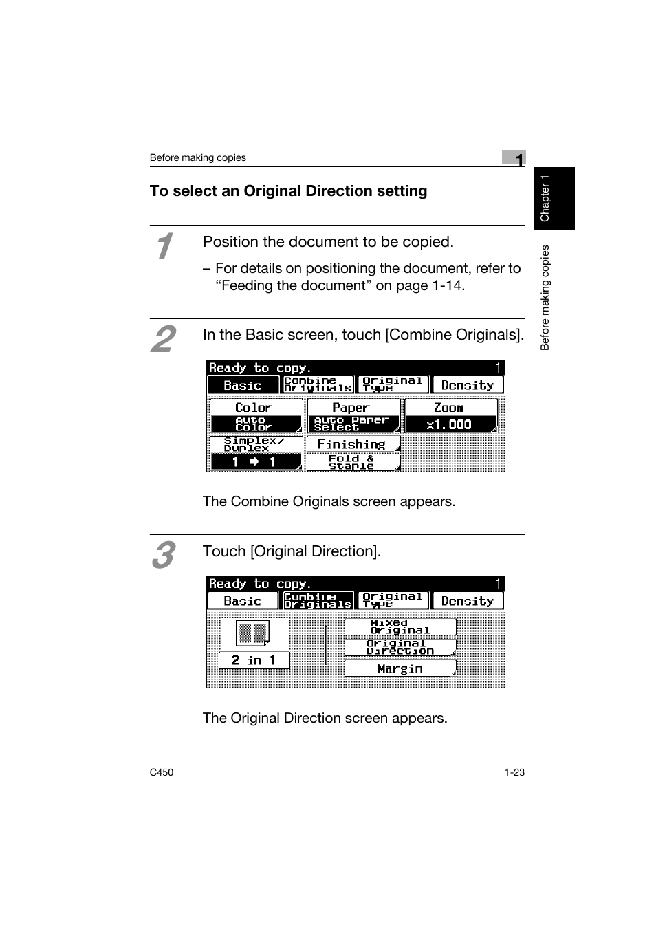 To select an original direction setting, To select an original direction setting -23 | Konica Minolta BIZHUB C450 User Manual | Page 32 / 158