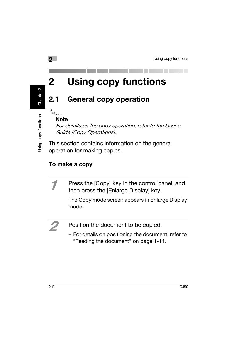 2 using copy functions, 1 general copy operation, To make a copy | 1 general copy operation -2, To make a copy -2, 2using copy functions | Konica Minolta BIZHUB C450 User Manual | Page 37 / 158