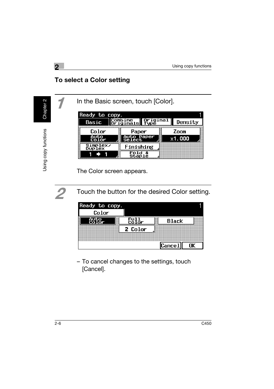 To select a color setting, To select a color setting -6 | Konica Minolta BIZHUB C450 User Manual | Page 41 / 158