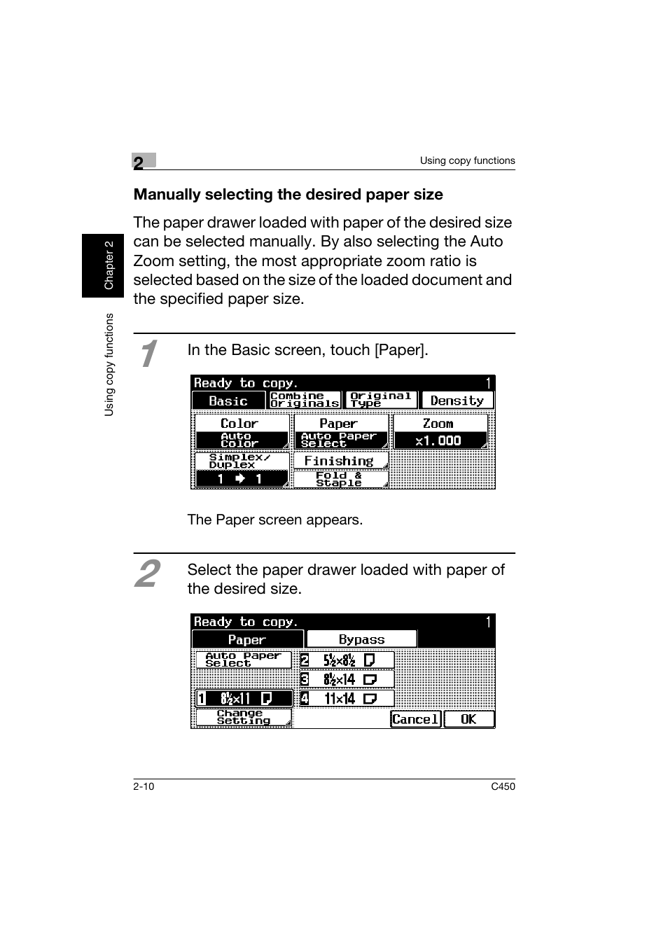 Manually selecting the desired paper size, Manually selecting the desired paper size -10 | Konica Minolta BIZHUB C450 User Manual | Page 45 / 158