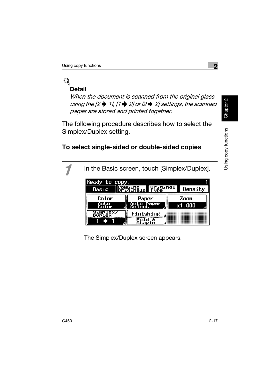 To select single-sided or double-sided copies, To select single-sided or double-sided copies -17 | Konica Minolta BIZHUB C450 User Manual | Page 52 / 158