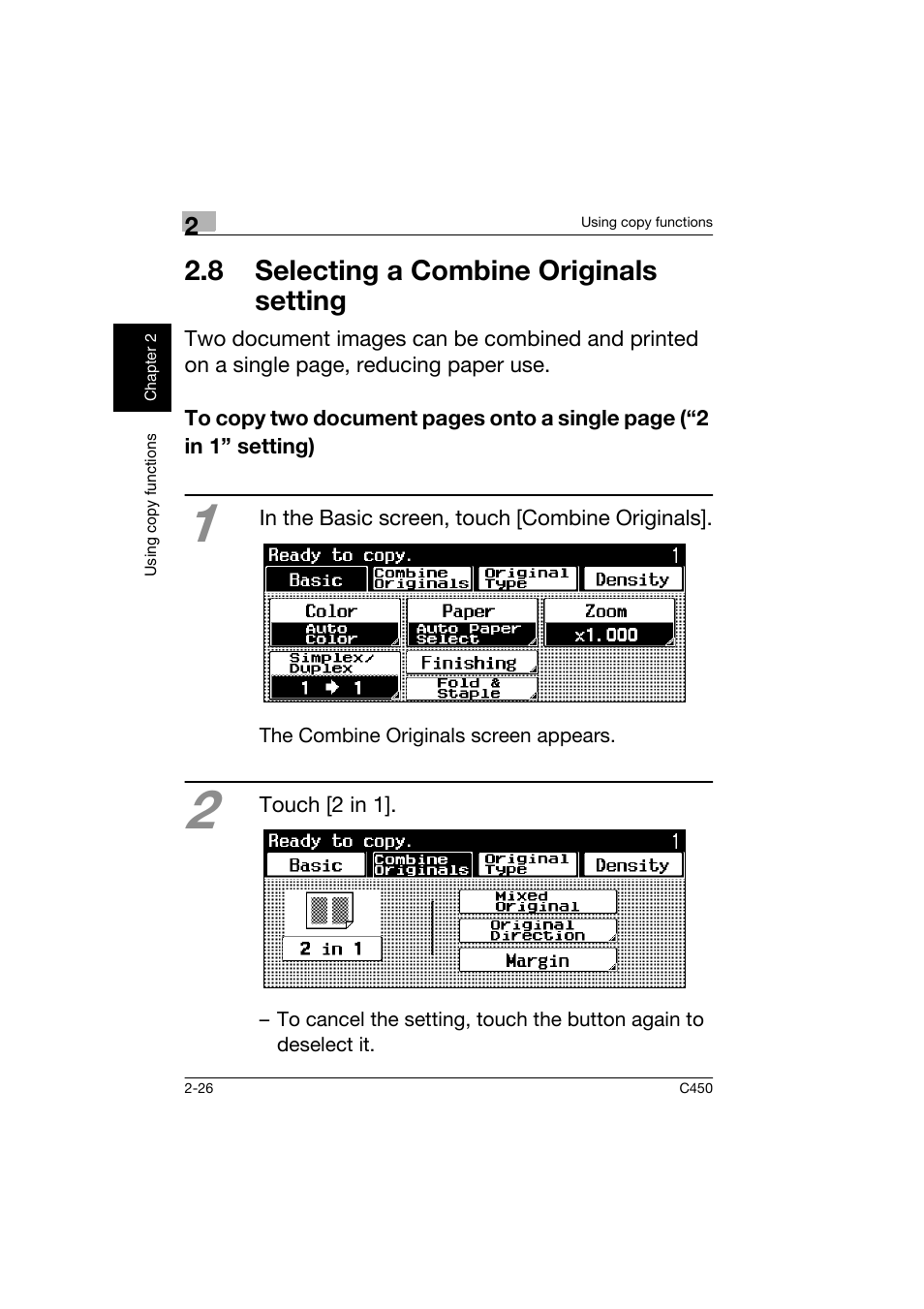 8 selecting a combine originals setting, 8 selecting a combine originals, Setting -26 | Konica Minolta BIZHUB C450 User Manual | Page 61 / 158