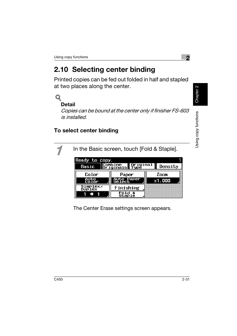 10 selecting center binding, To select center binding, 10selecting center binding -31 | To select center binding -31 | Konica Minolta BIZHUB C450 User Manual | Page 66 / 158