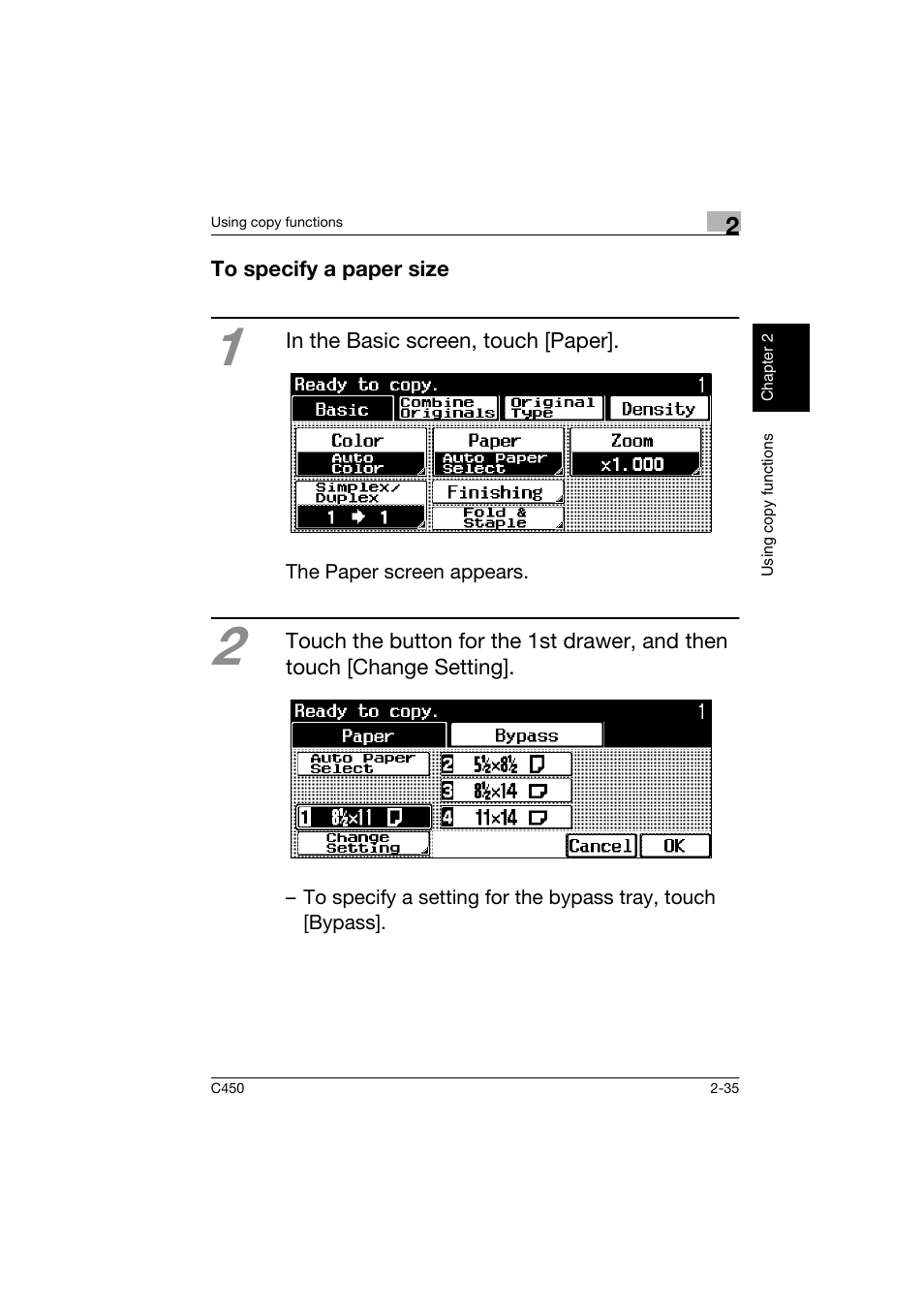 To specify a paper size, To specify a paper size -35 | Konica Minolta BIZHUB C450 User Manual | Page 70 / 158
