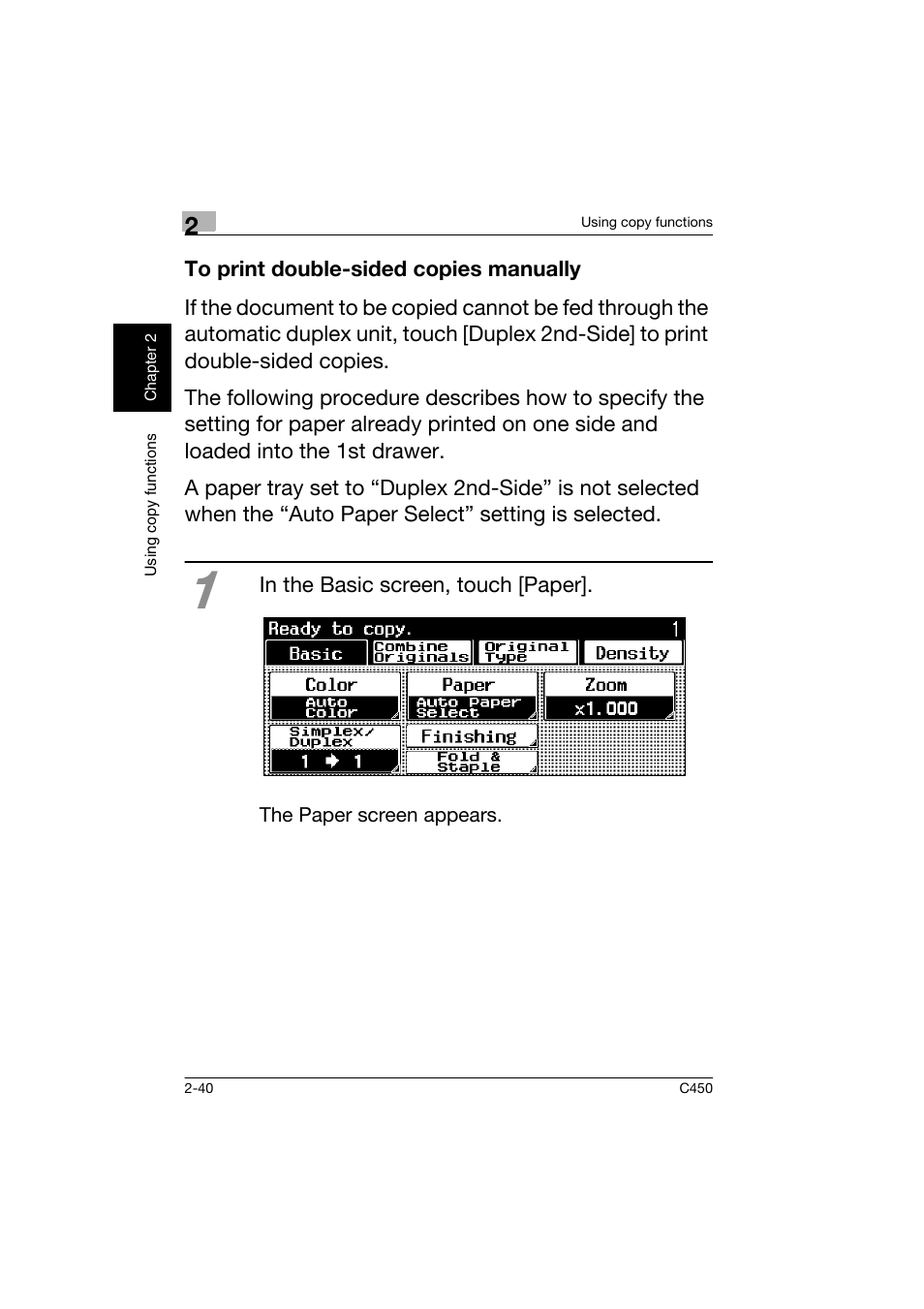 To print double-sided copies manually, To print double-sided copies manually -40 | Konica Minolta BIZHUB C450 User Manual | Page 75 / 158