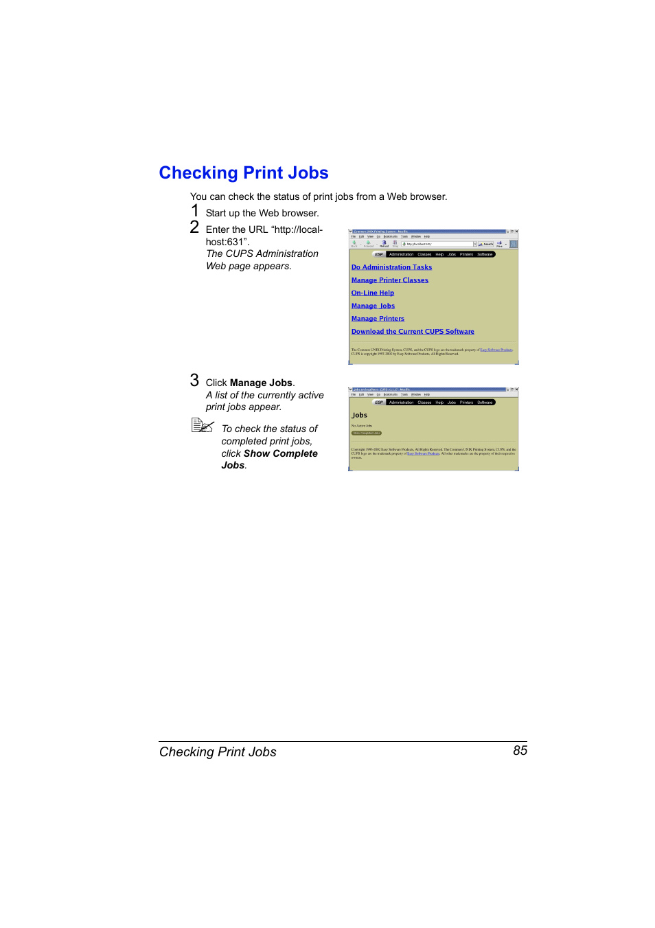 Checking print jobs, Checking print jobs 85 | Konica Minolta Magicolor 2450 User Manual | Page 101 / 210