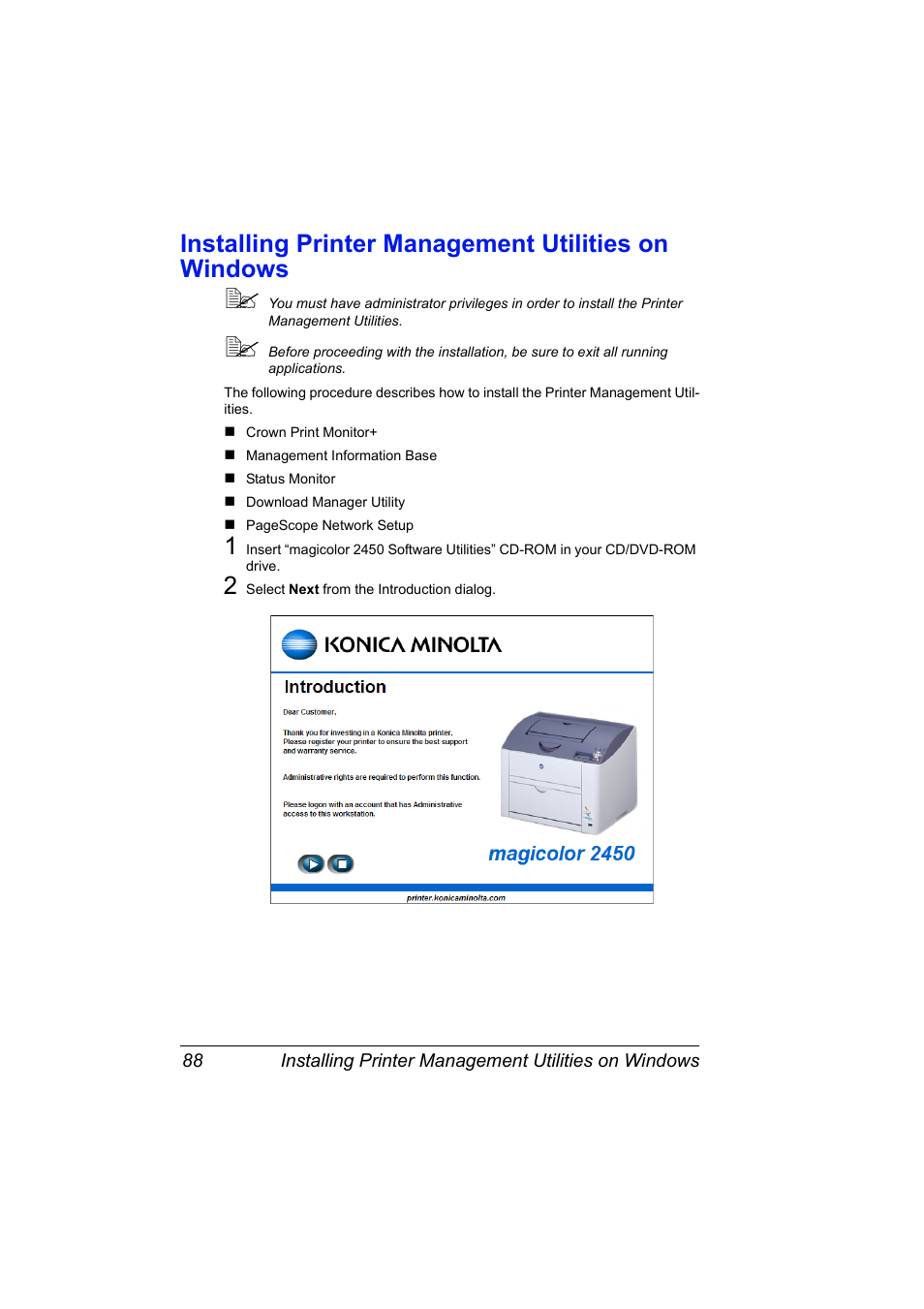Installing printer management utilities on windows | Konica Minolta Magicolor 2450 User Manual | Page 104 / 210