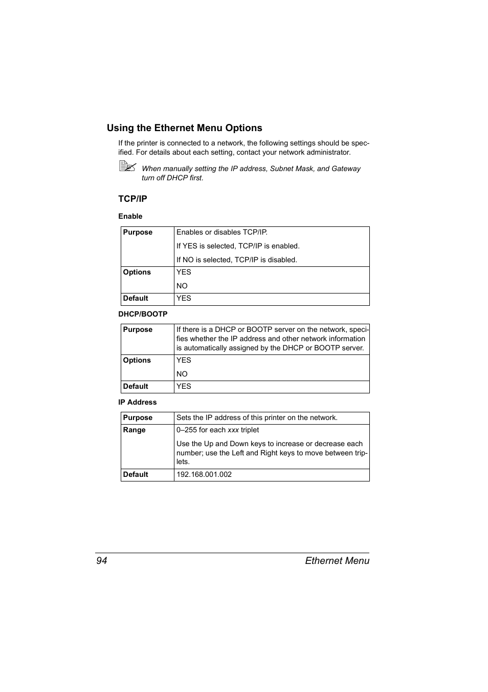 Using the ethernet menu options, Tcp/ip, Using the ethernet menu options 94 | Tcp/ip 94, Ethernet menu 94 using the ethernet menu options | Konica Minolta Magicolor 2450 User Manual | Page 110 / 210