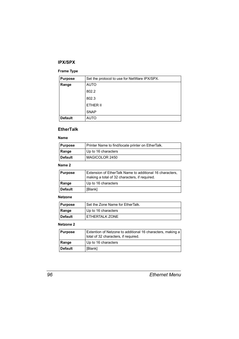 Ipx/spx, Ethertalk, Ipx/spx 96 ethertalk 96 | Ethernet menu 96 | Konica Minolta Magicolor 2450 User Manual | Page 112 / 210