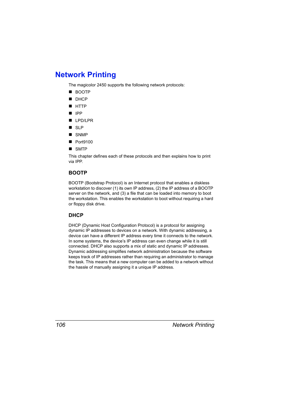 Network printing, Bootp, Dhcp | Network printing 106, Bootp 106 dhcp 106 | Konica Minolta Magicolor 2450 User Manual | Page 122 / 210