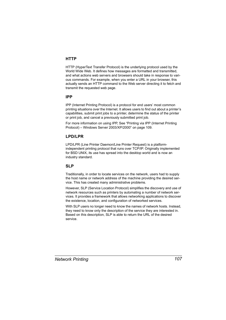 Http, Lpd/lpr, Http 107 ipp 107 lpd/lpr 107 slp 107 | Konica Minolta Magicolor 2450 User Manual | Page 123 / 210