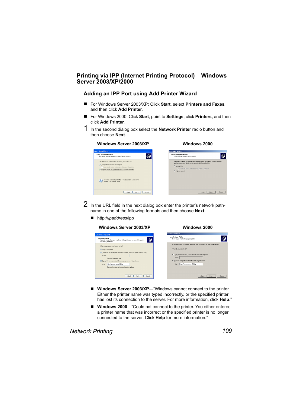 Adding an ipp port using add printer wizard, Adding an ipp port using add printer wizard 109 | Konica Minolta Magicolor 2450 User Manual | Page 125 / 210