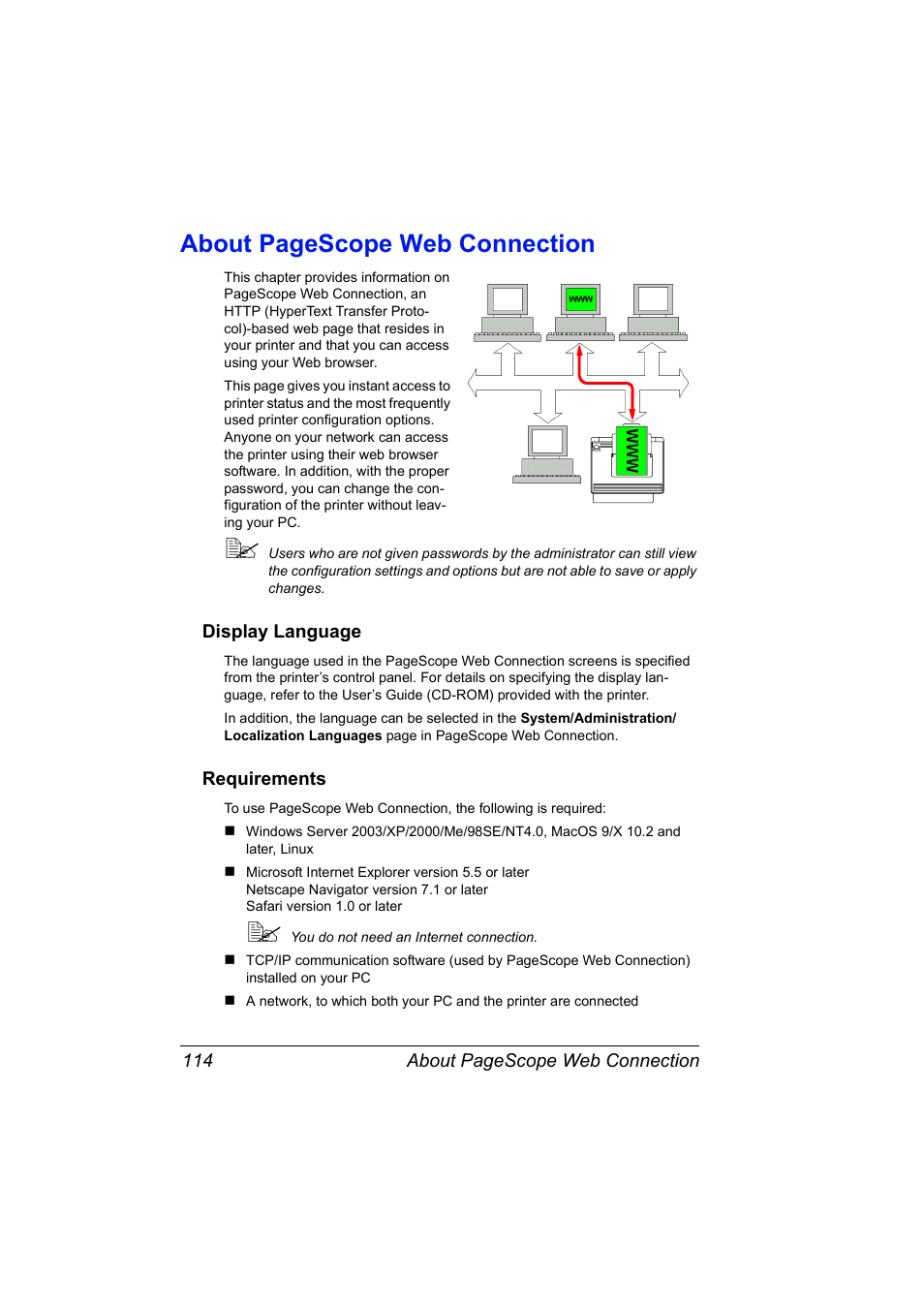 Display language, Requirements, Display language 114 requirements 114 | About pagescope web connection | Konica Minolta Magicolor 2450 User Manual | Page 130 / 210