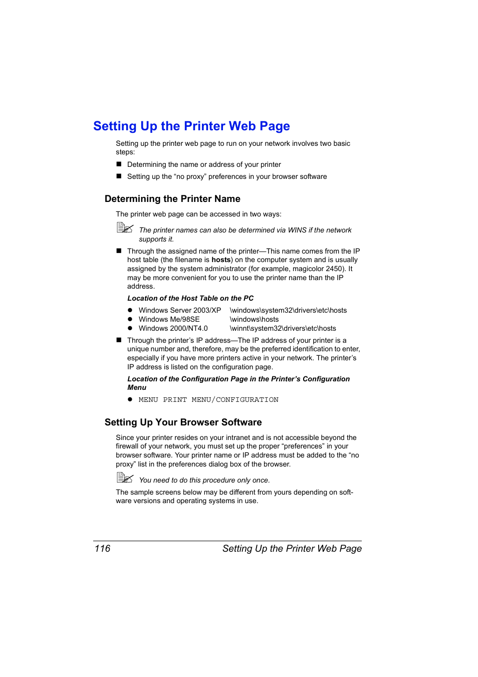 Determining the printer name, Setting up your browser software, Setting up the printer web page | Konica Minolta Magicolor 2450 User Manual | Page 132 / 210