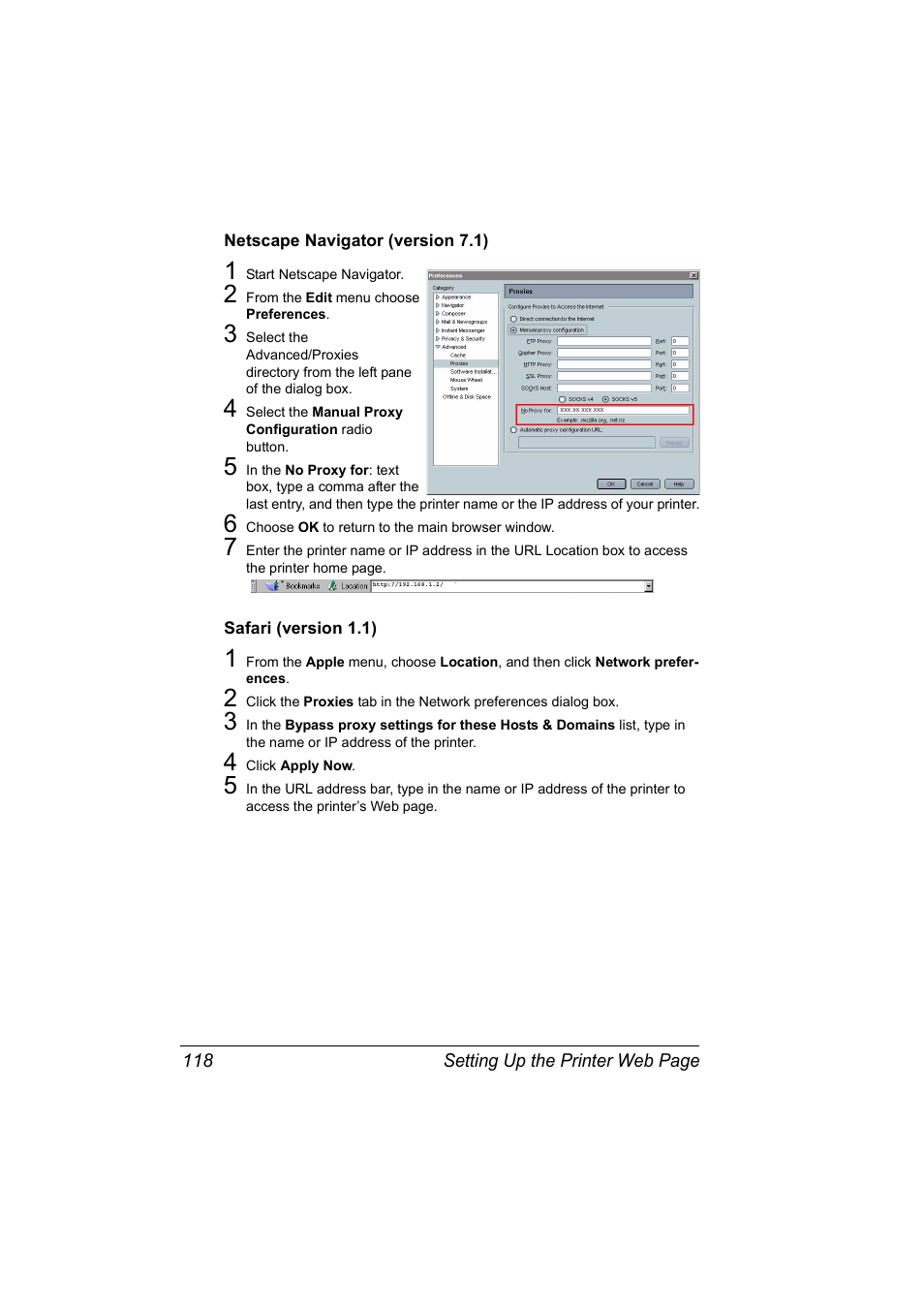 Netscape navigator (version 7.1), Safari (version 1.1) | Konica Minolta Magicolor 2450 User Manual | Page 134 / 210