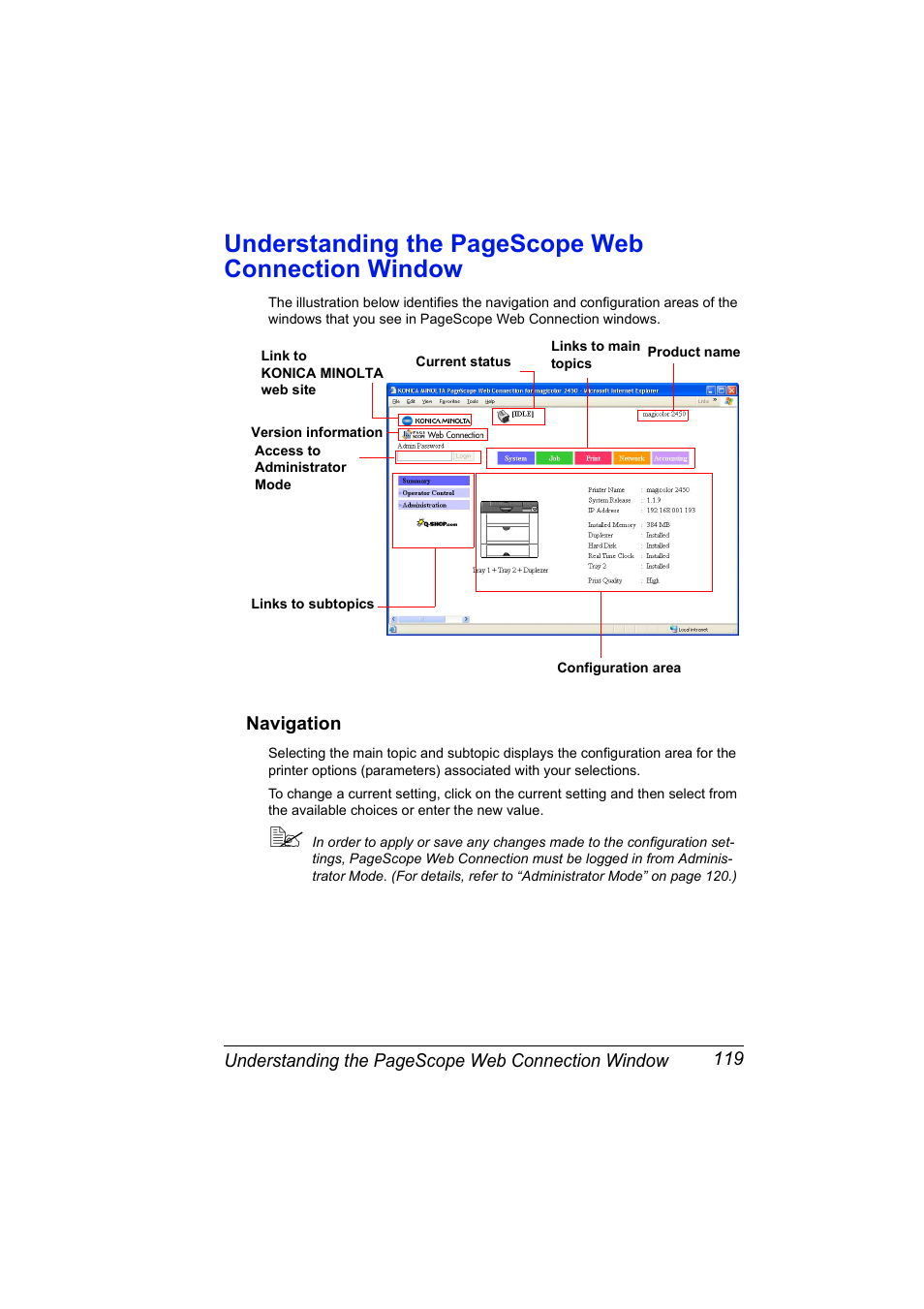 Navigation, Navigation 119, Understanding the pagescope web connection window | Konica Minolta Magicolor 2450 User Manual | Page 135 / 210