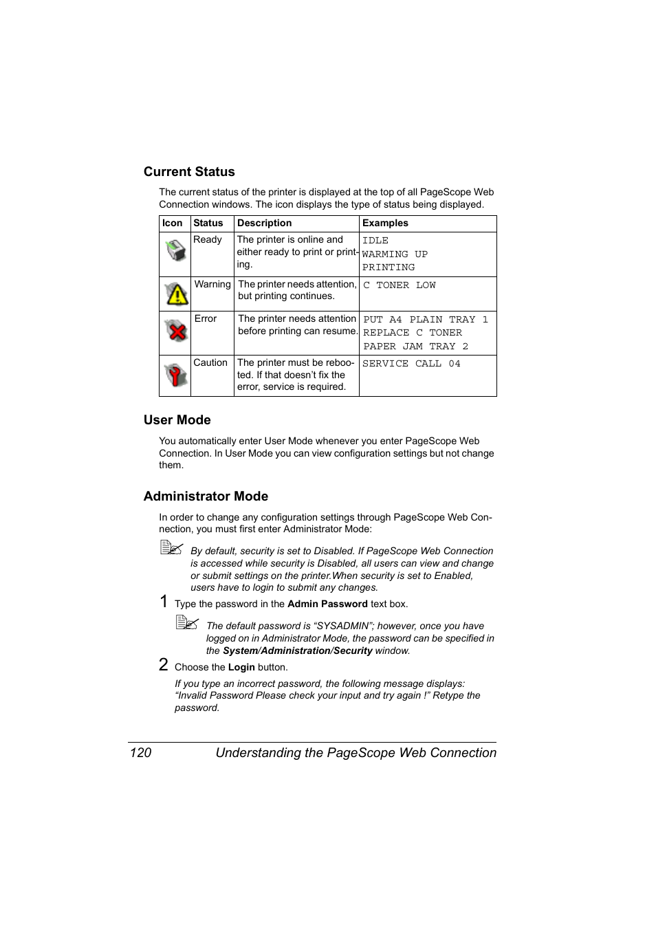 Current status, User mode, Administrator mode | Konica Minolta Magicolor 2450 User Manual | Page 136 / 210