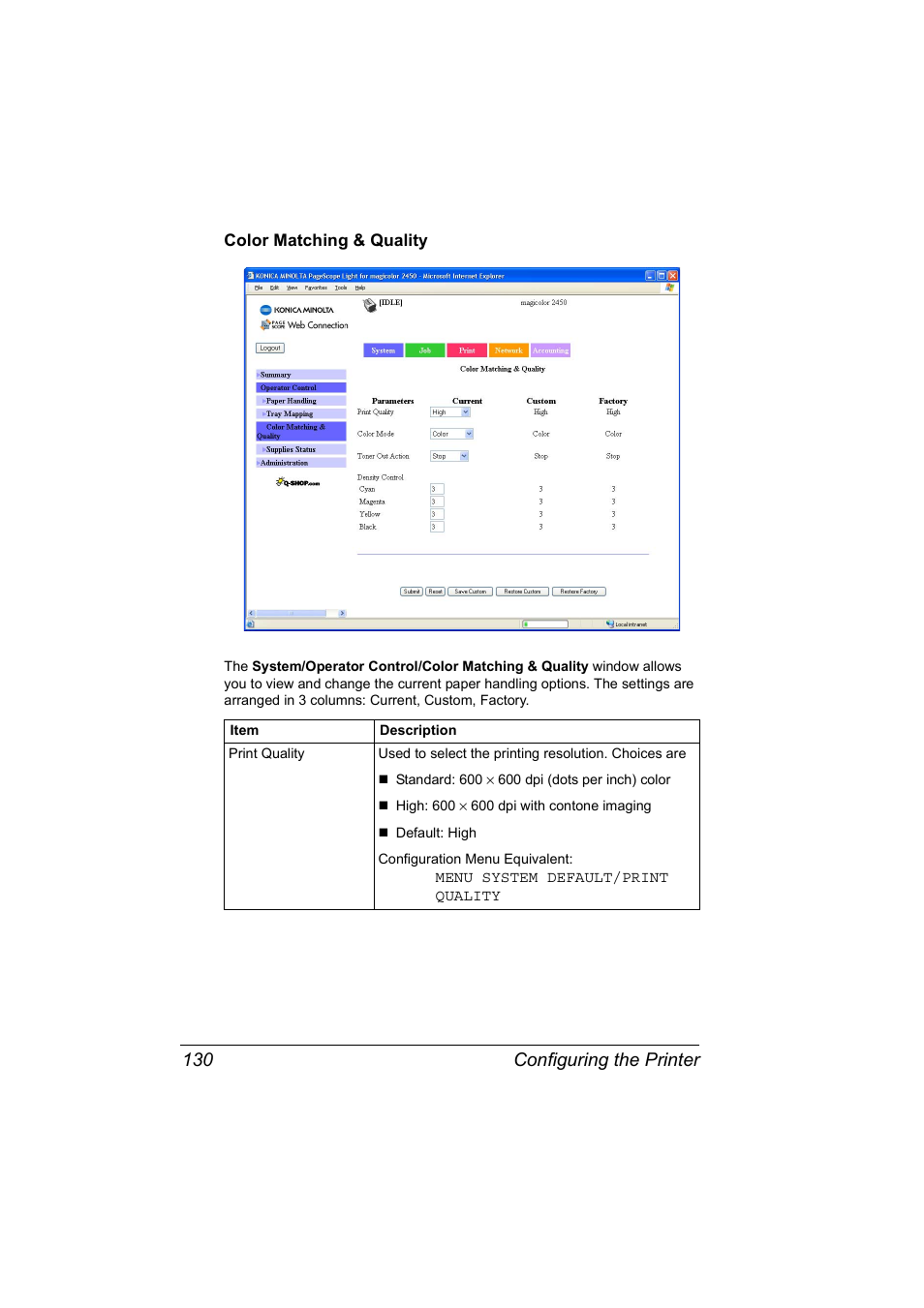 Color matching & quality, Color matching & quality 130, Configuring the printer 130 | Konica Minolta Magicolor 2450 User Manual | Page 146 / 210