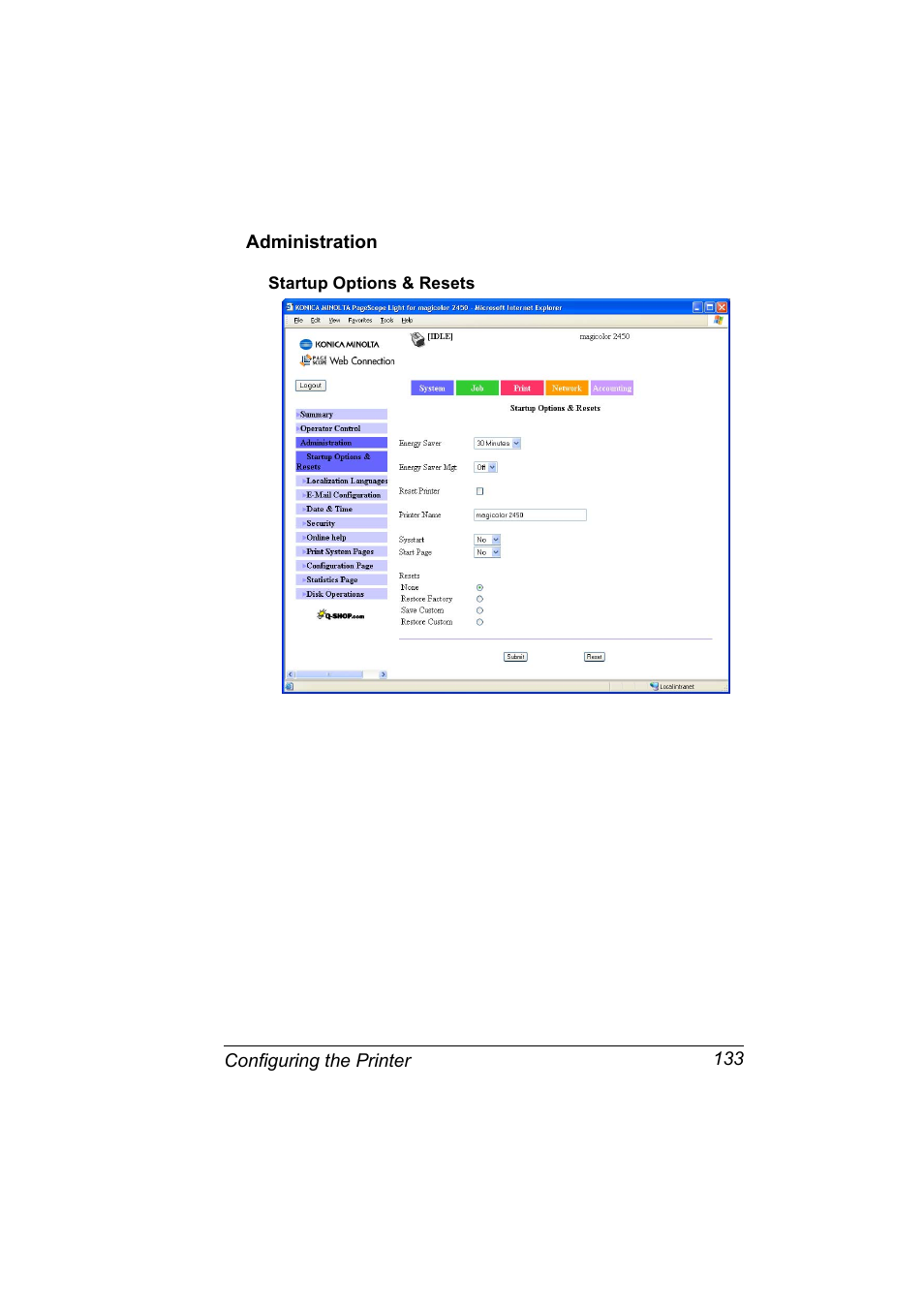 Administration, Startup options & resets, Administration 133 | Startup options & resets 133 | Konica Minolta Magicolor 2450 User Manual | Page 149 / 210