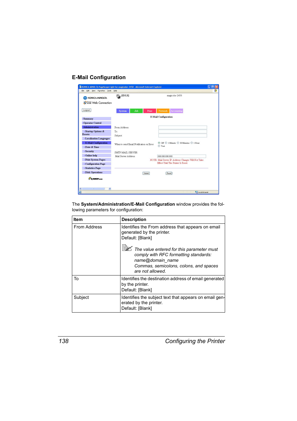 E-mail configuration, E-mail configuration 138 | Konica Minolta Magicolor 2450 User Manual | Page 154 / 210