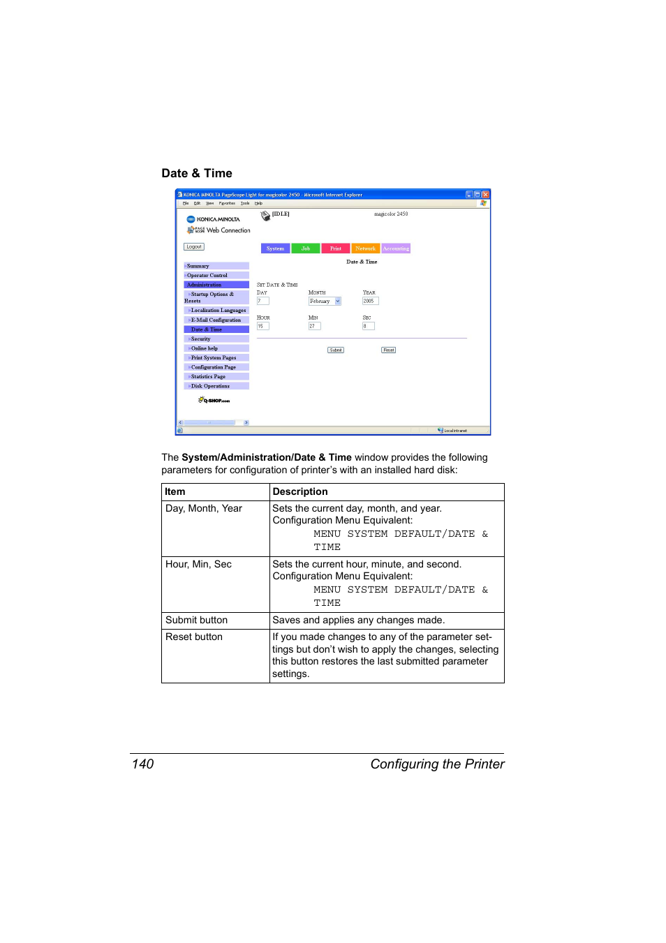 Date & time, Date & time 140, Configuring the printer 140 | Konica Minolta Magicolor 2450 User Manual | Page 156 / 210