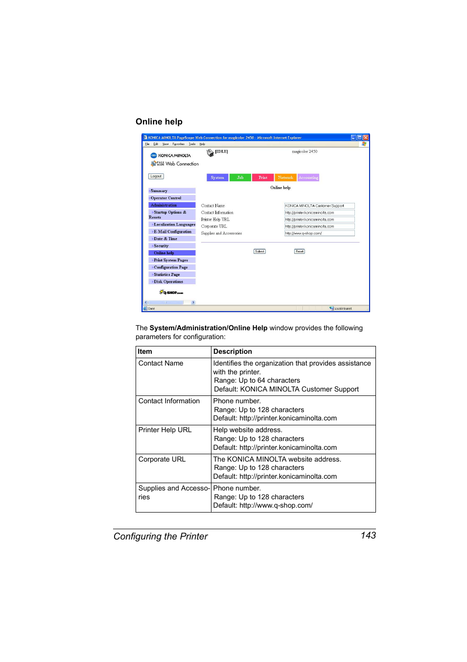 Online help, Online help 143, Configuring the printer 143 | Konica Minolta Magicolor 2450 User Manual | Page 159 / 210
