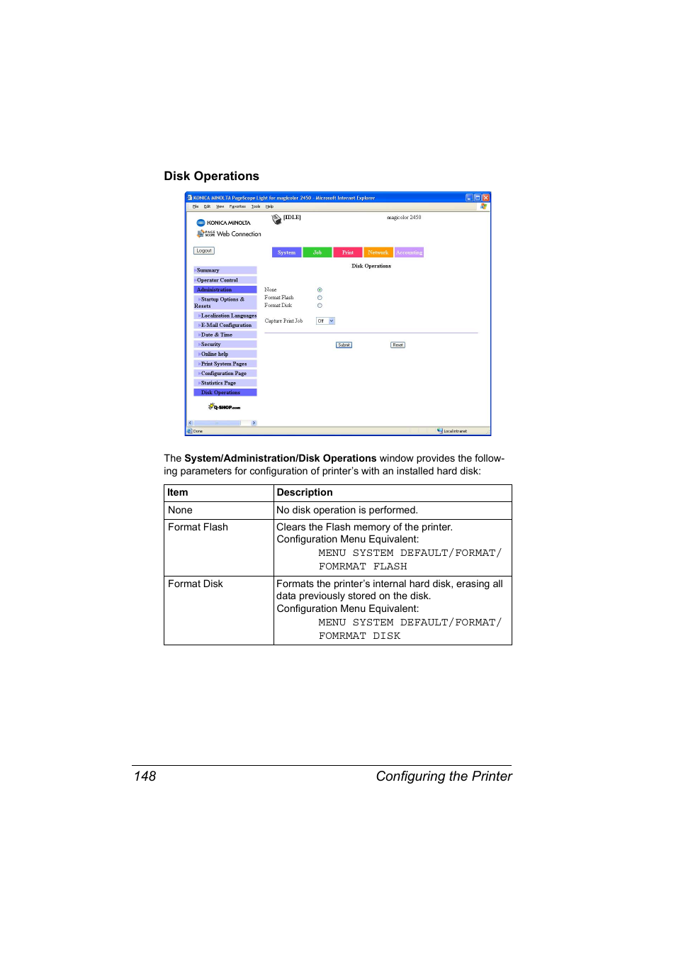 Disk operations, Disk operations 148, Configuring the printer 148 | Konica Minolta Magicolor 2450 User Manual | Page 164 / 210