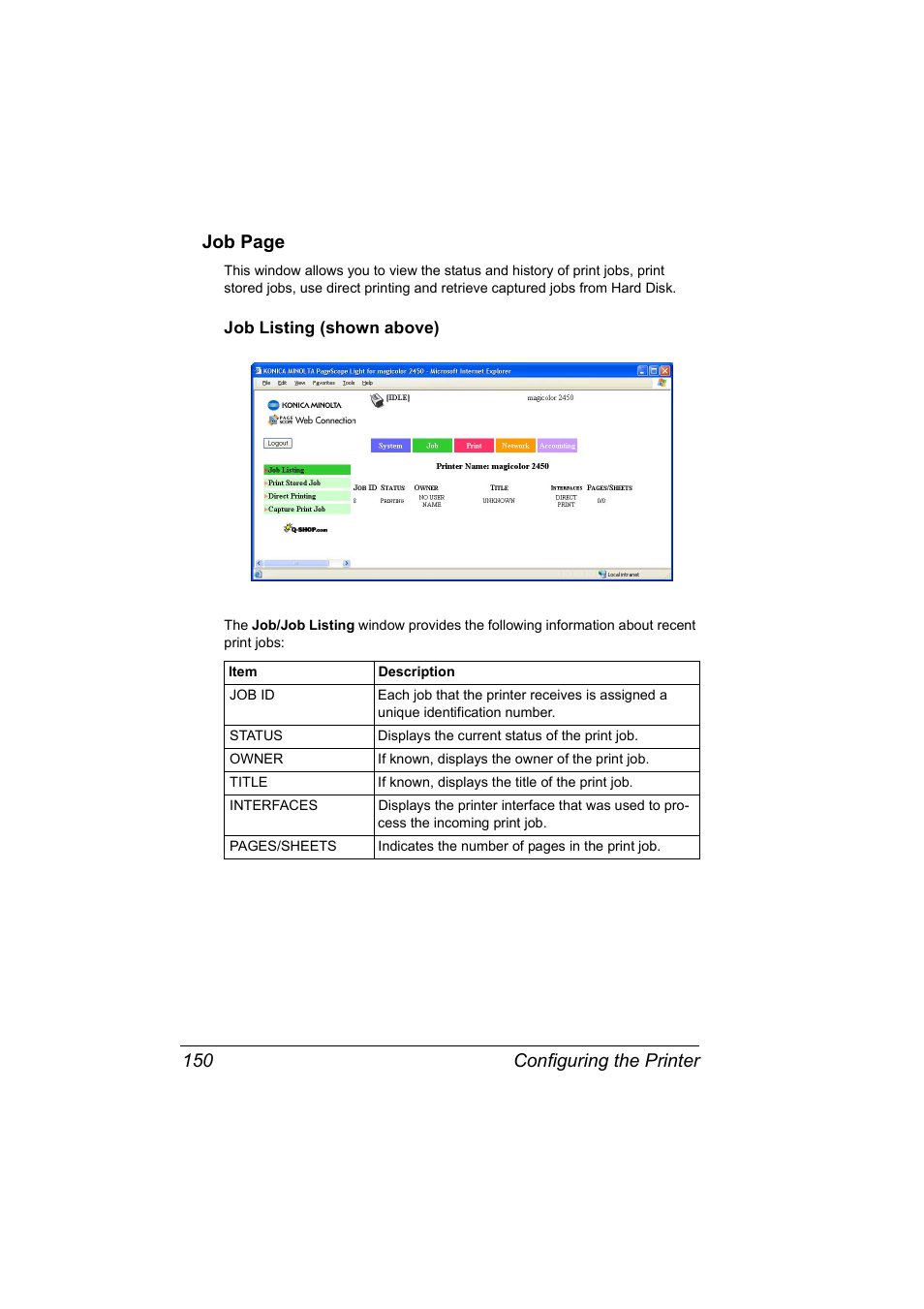 Job listing (shown above), Job listing (shown above) 150, Configuring the printer 150 job page | Konica Minolta Magicolor 2450 User Manual | Page 166 / 210