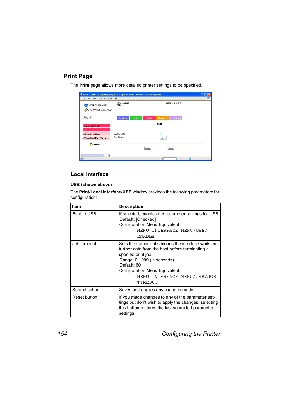 Local interface, Local interface 154, Configuring the printer 154 print page | Konica Minolta Magicolor 2450 User Manual | Page 170 / 210