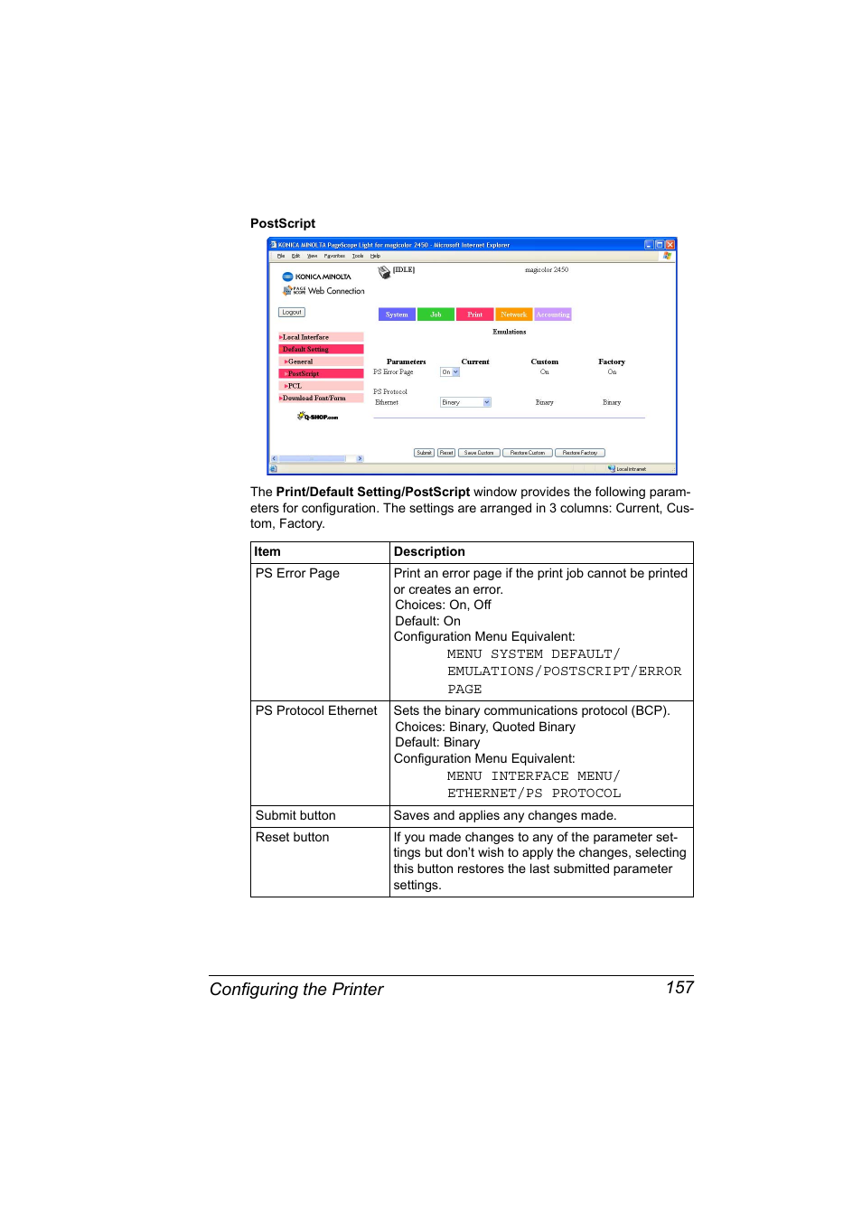 Configuring the printer 157 | Konica Minolta Magicolor 2450 User Manual | Page 173 / 210