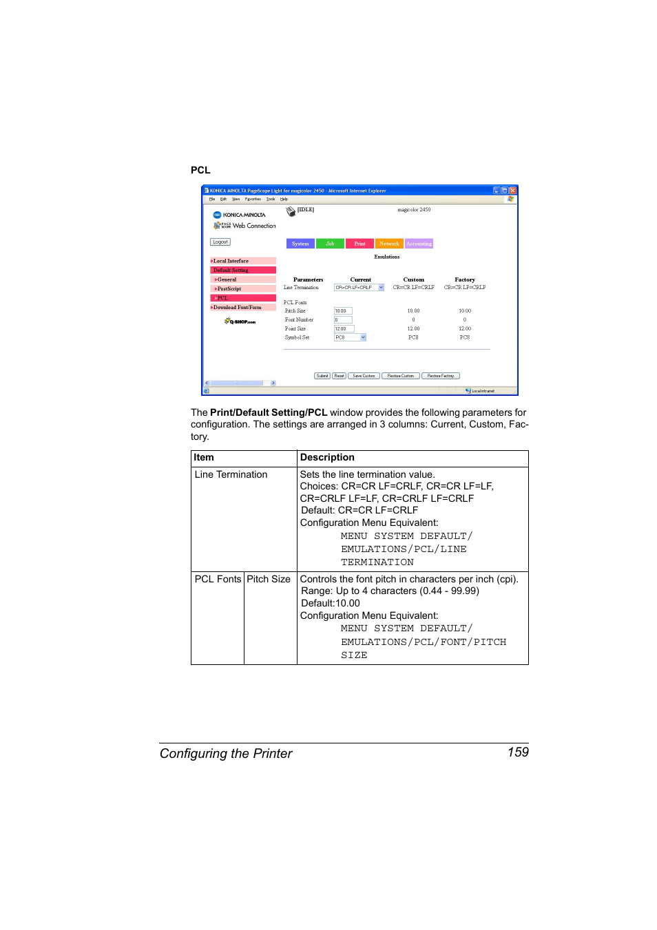 Configuring the printer 159 | Konica Minolta Magicolor 2450 User Manual | Page 175 / 210