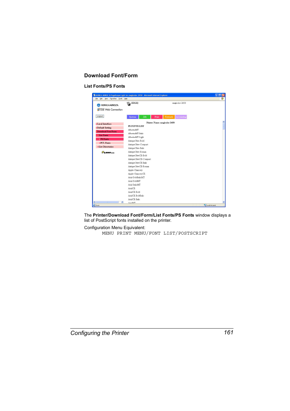 Download font/form, Download font/form 161 | Konica Minolta Magicolor 2450 User Manual | Page 177 / 210