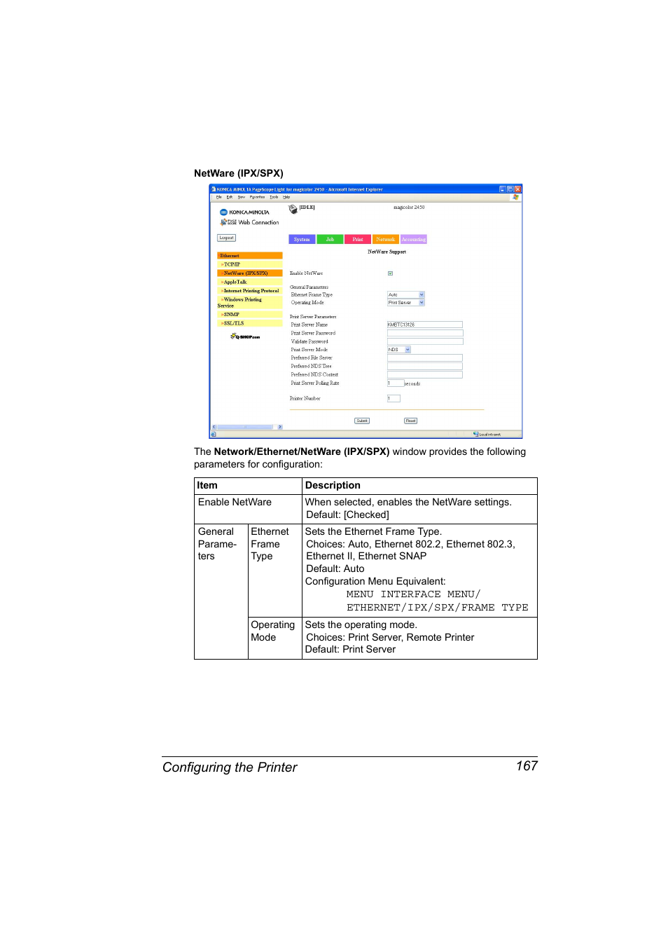 Configuring the printer 167 | Konica Minolta Magicolor 2450 User Manual | Page 183 / 210