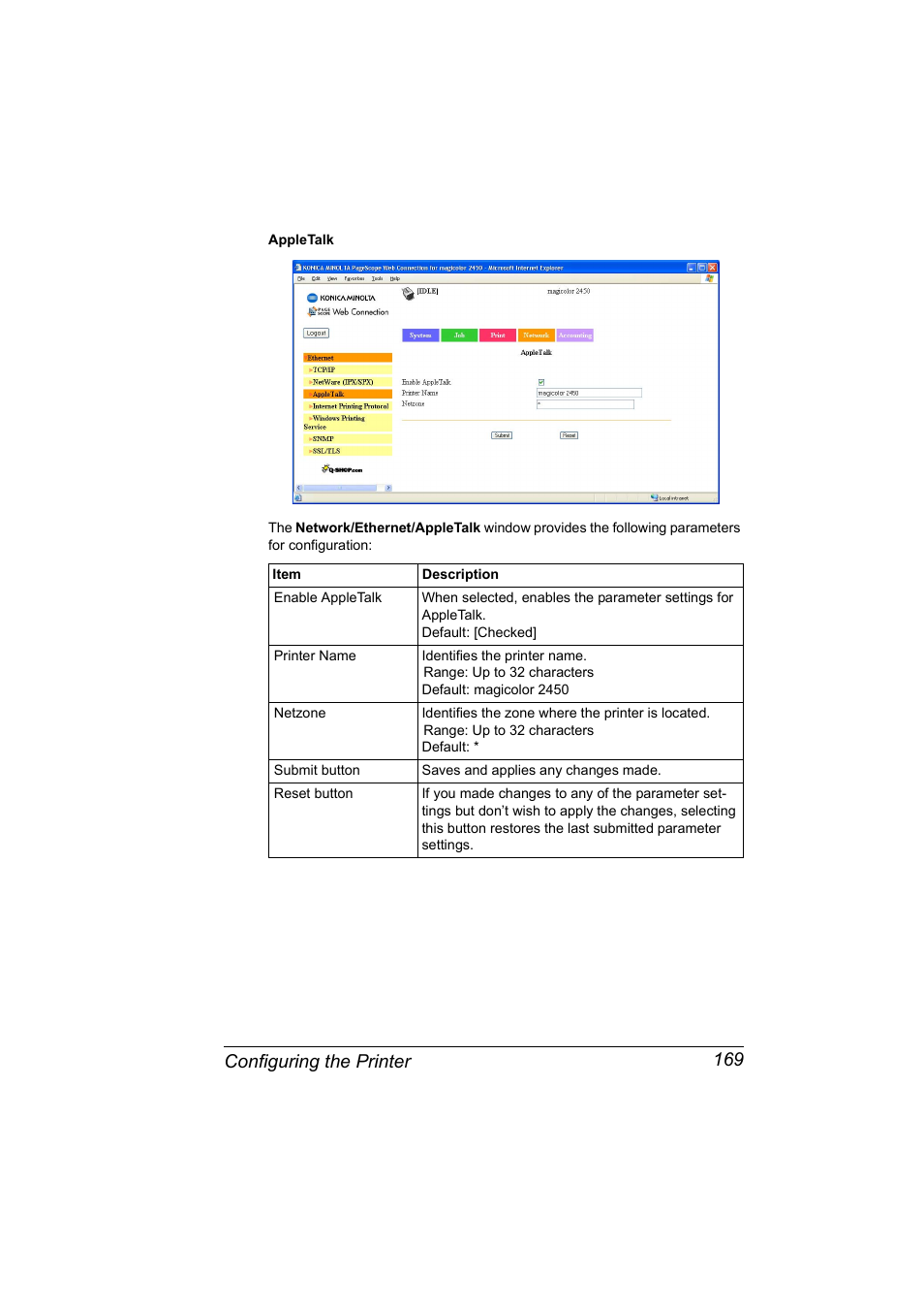 Configuring the printer 169 | Konica Minolta Magicolor 2450 User Manual | Page 185 / 210