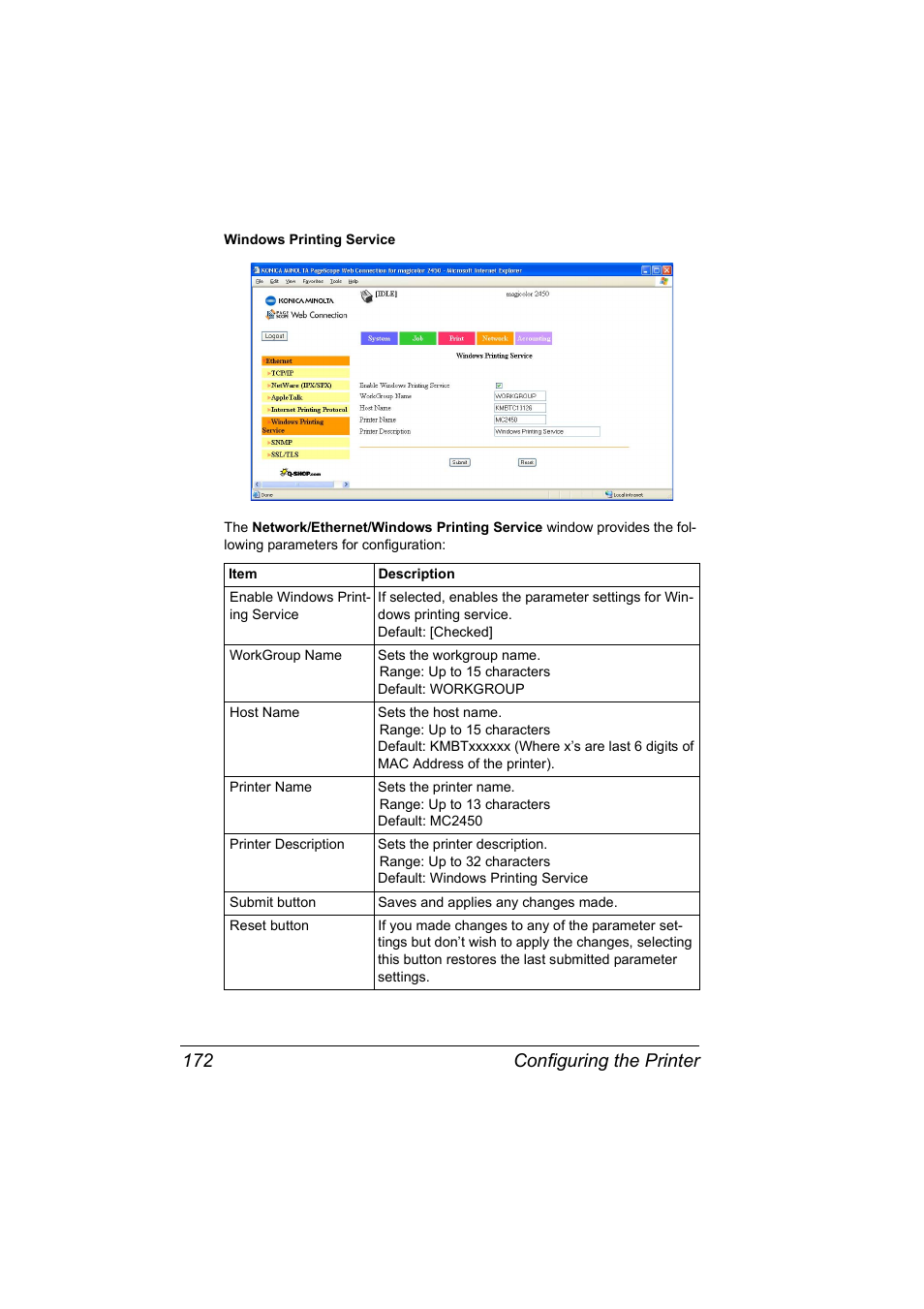 Configuring the printer 172 | Konica Minolta Magicolor 2450 User Manual | Page 188 / 210