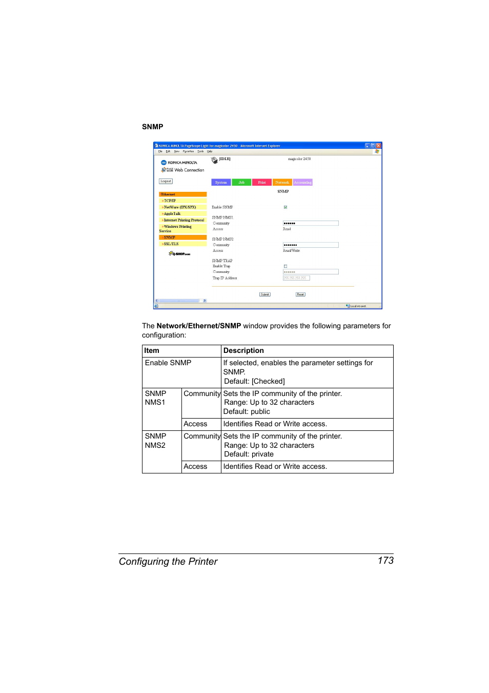 Configuring the printer 173 | Konica Minolta Magicolor 2450 User Manual | Page 189 / 210
