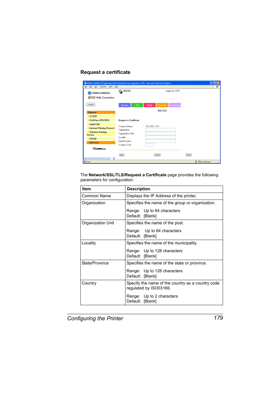 Request a certificate, Request a certificate 179, Configuring the printer 179 | Konica Minolta Magicolor 2450 User Manual | Page 195 / 210