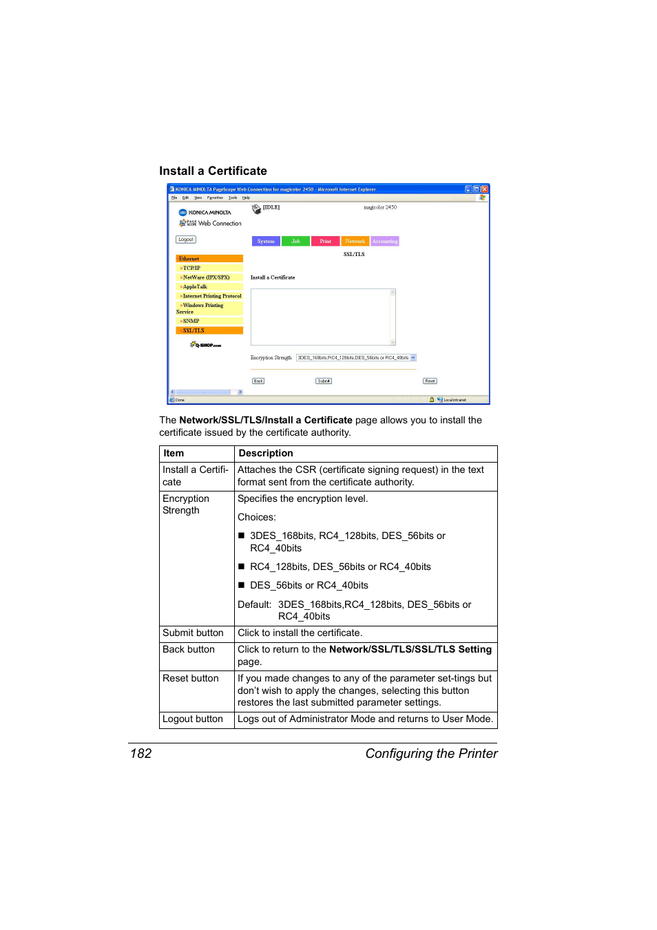 Install a certificate, Install a certificate 182, Configuring the printer 182 | Konica Minolta Magicolor 2450 User Manual | Page 198 / 210