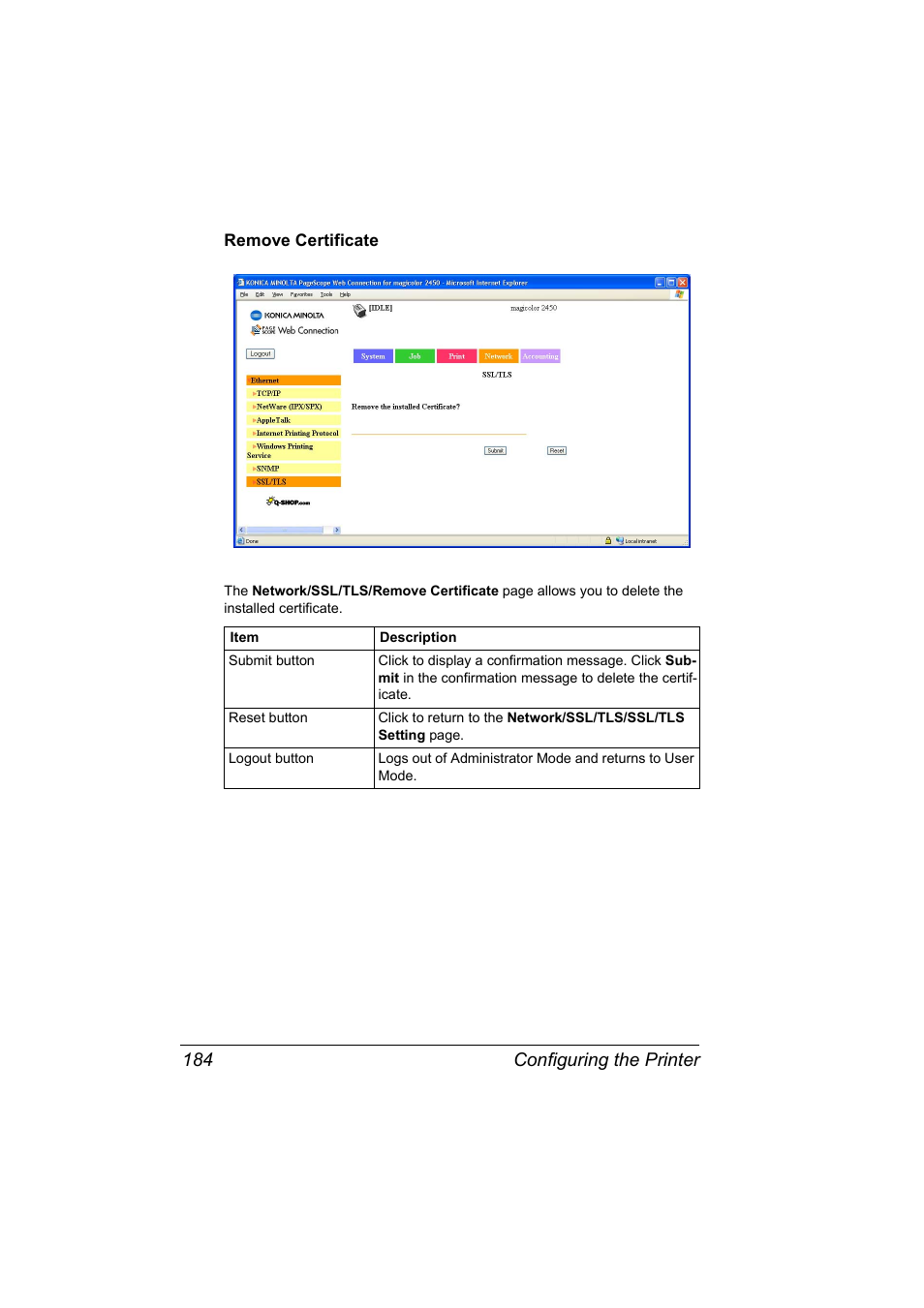 Remove certificate, Remove certificate 184, Configuring the printer 184 | Konica Minolta Magicolor 2450 User Manual | Page 200 / 210