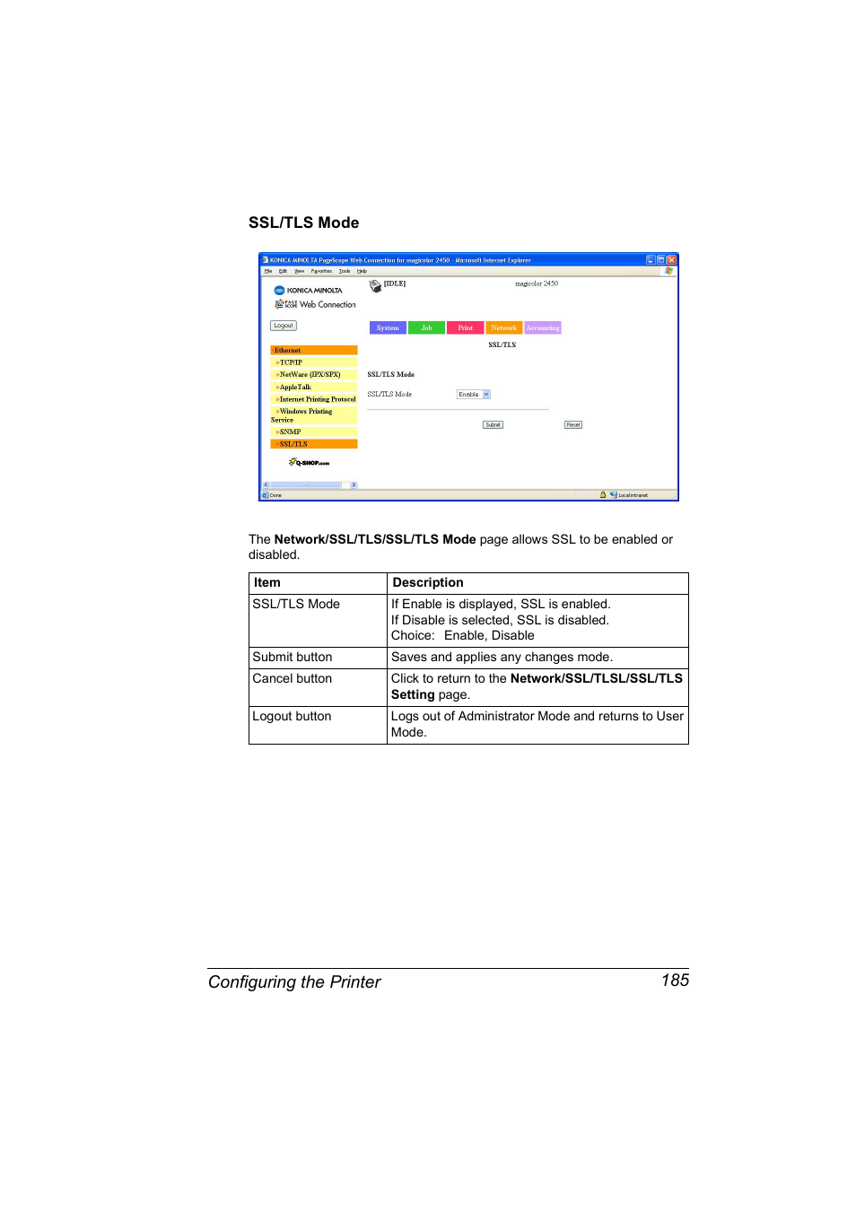 Ssl/tls mode, Ssl/tls mode 185, Configuring the printer 185 | Konica Minolta Magicolor 2450 User Manual | Page 201 / 210