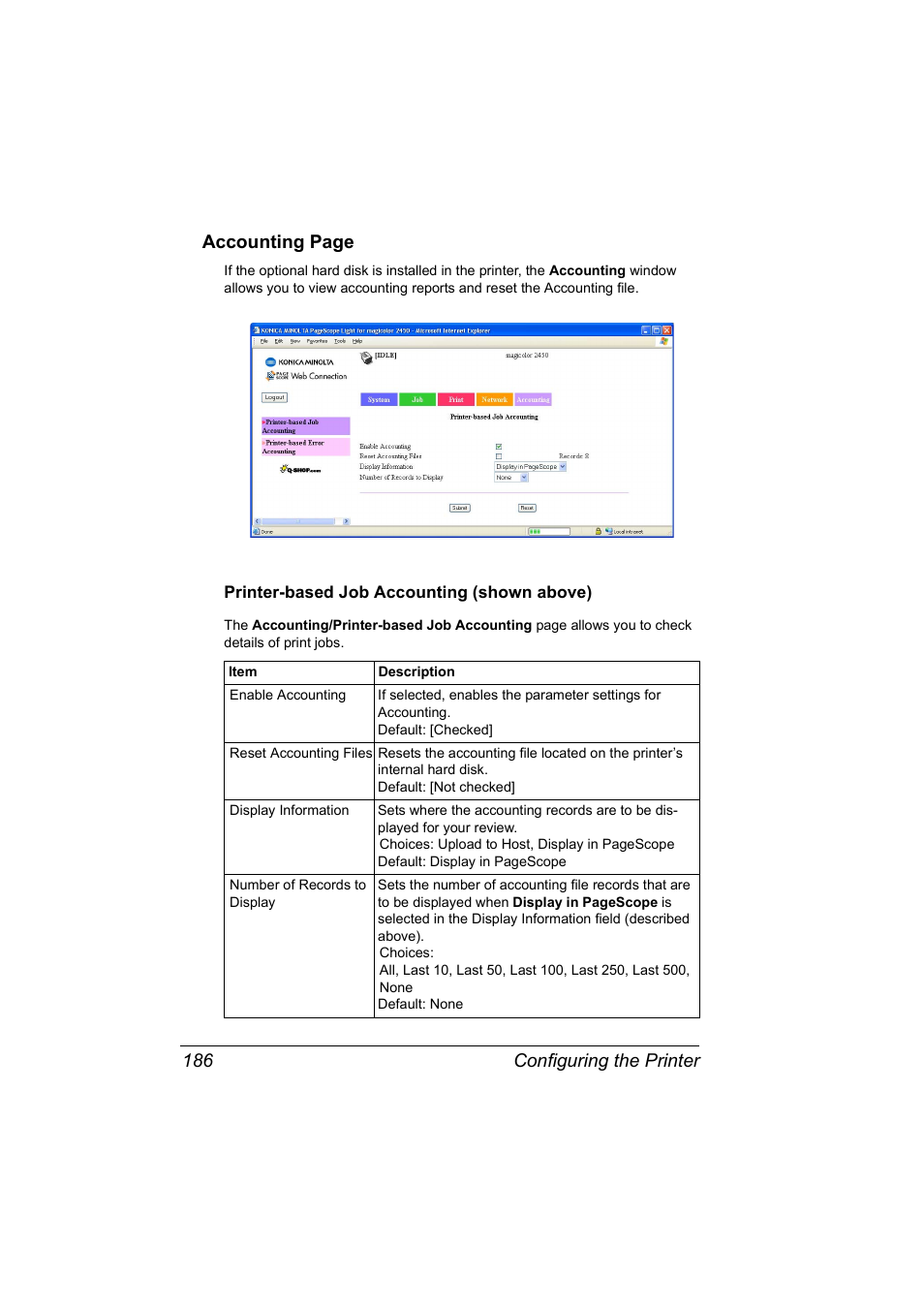 Printer-based job accounting (shown above), Printer-based job accounting (shown above) 186, Configuring the printer 186 accounting page | Konica Minolta Magicolor 2450 User Manual | Page 202 / 210