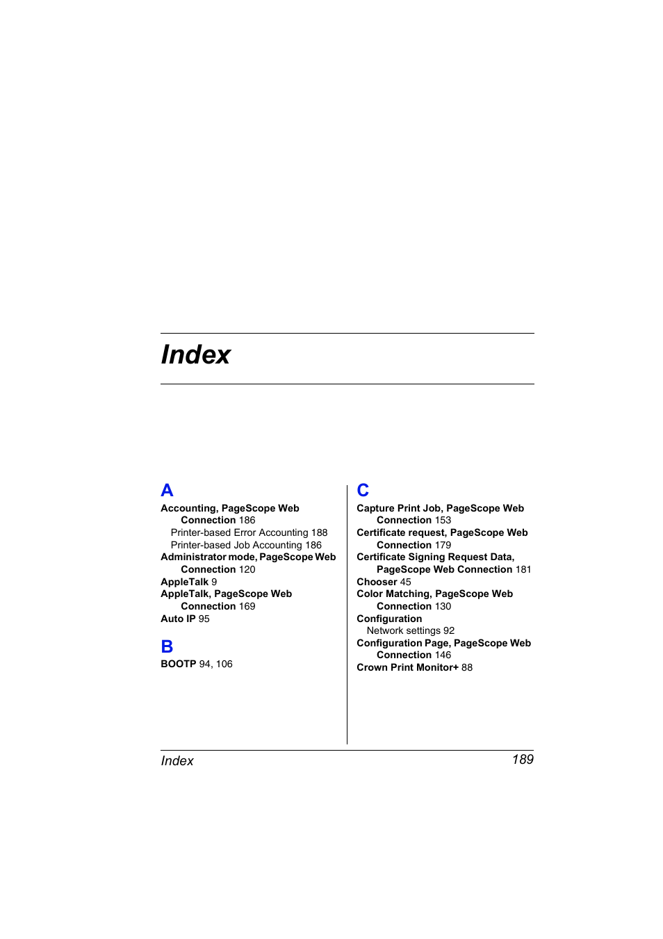 Index, A to c | Konica Minolta Magicolor 2450 User Manual | Page 205 / 210