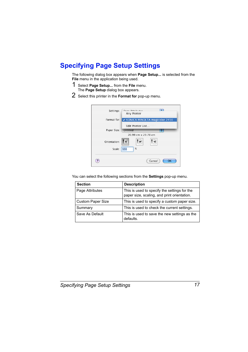 Specifying page setup settings | Konica Minolta Magicolor 2450 User Manual | Page 33 / 210